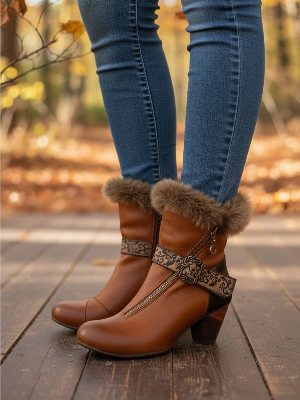 Gorgeous Finesse Fur-collar Leather Ankle Boots Size 37 cognac maroon brown heel